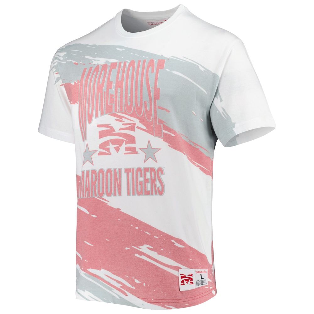 Men's Mitchell & Ness White Morehouse Maroon Tigers Paintbrush Sublimated T-Shirt