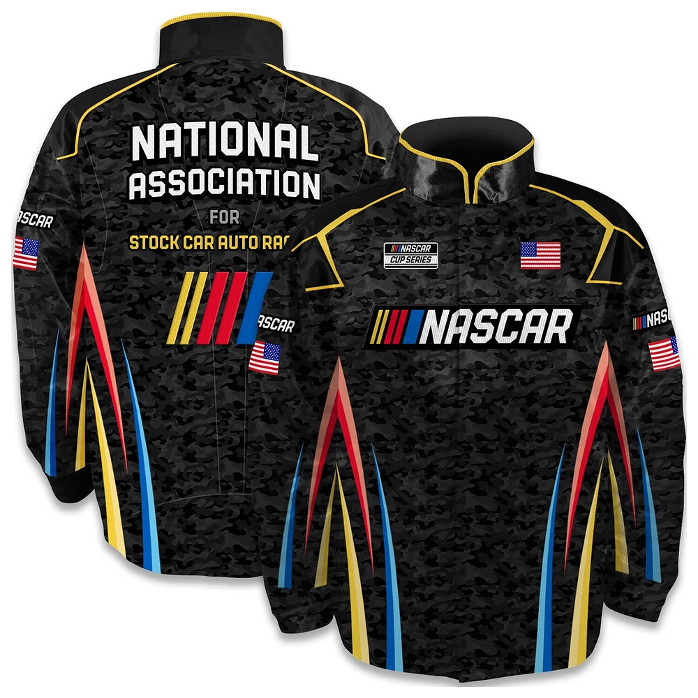 Veste d'uniforme en nylon à boutons-pression pour homme, motif drapeau damier, noir, NASCAR