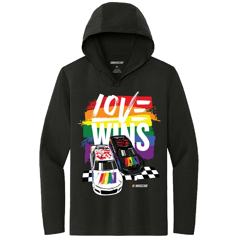 Men's Checkered Flag Sports Black NASCAR Love Wins Hooded Long Sleeve T-Shirt