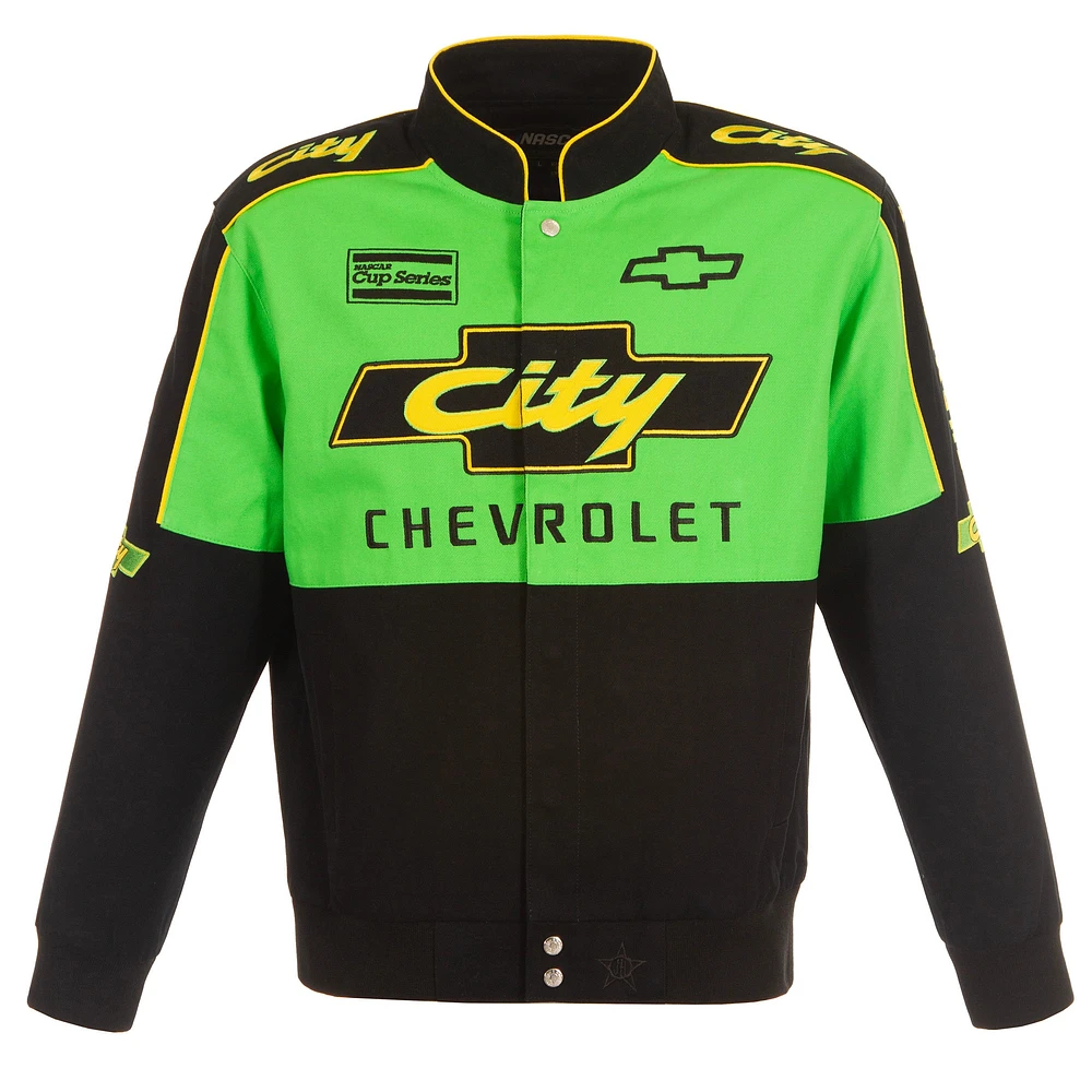 Men's JH Design Black/Green NASCAR City Chevrolet Legend Full-Snap Twill Uniform Jacket