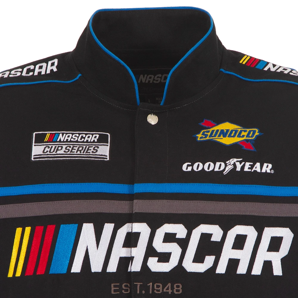 Veste d'uniforme NASCAR noire JH Design pour homme en sergé à boutons-pression