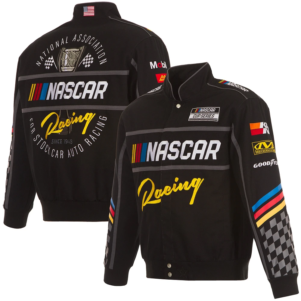 Veste noire à bouton-pression pour uniforme de pilote en sergé NASCAR JH Design hommes