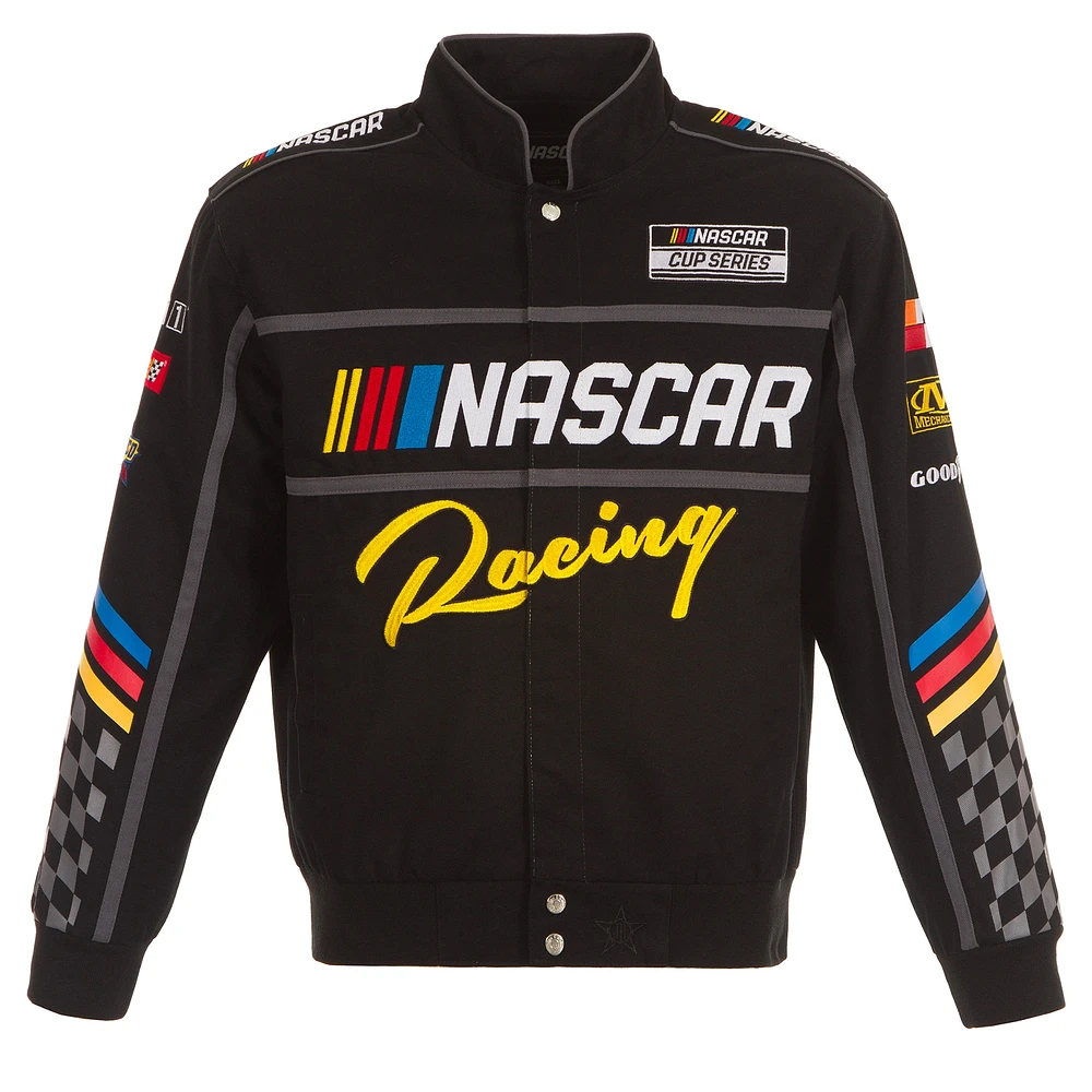 Veste noire à bouton-pression pour uniforme de pilote en sergé NASCAR JH Design hommes