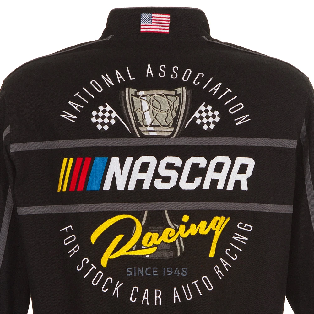 Veste noire à bouton-pression pour uniforme de pilote en sergé NASCAR JH Design hommes