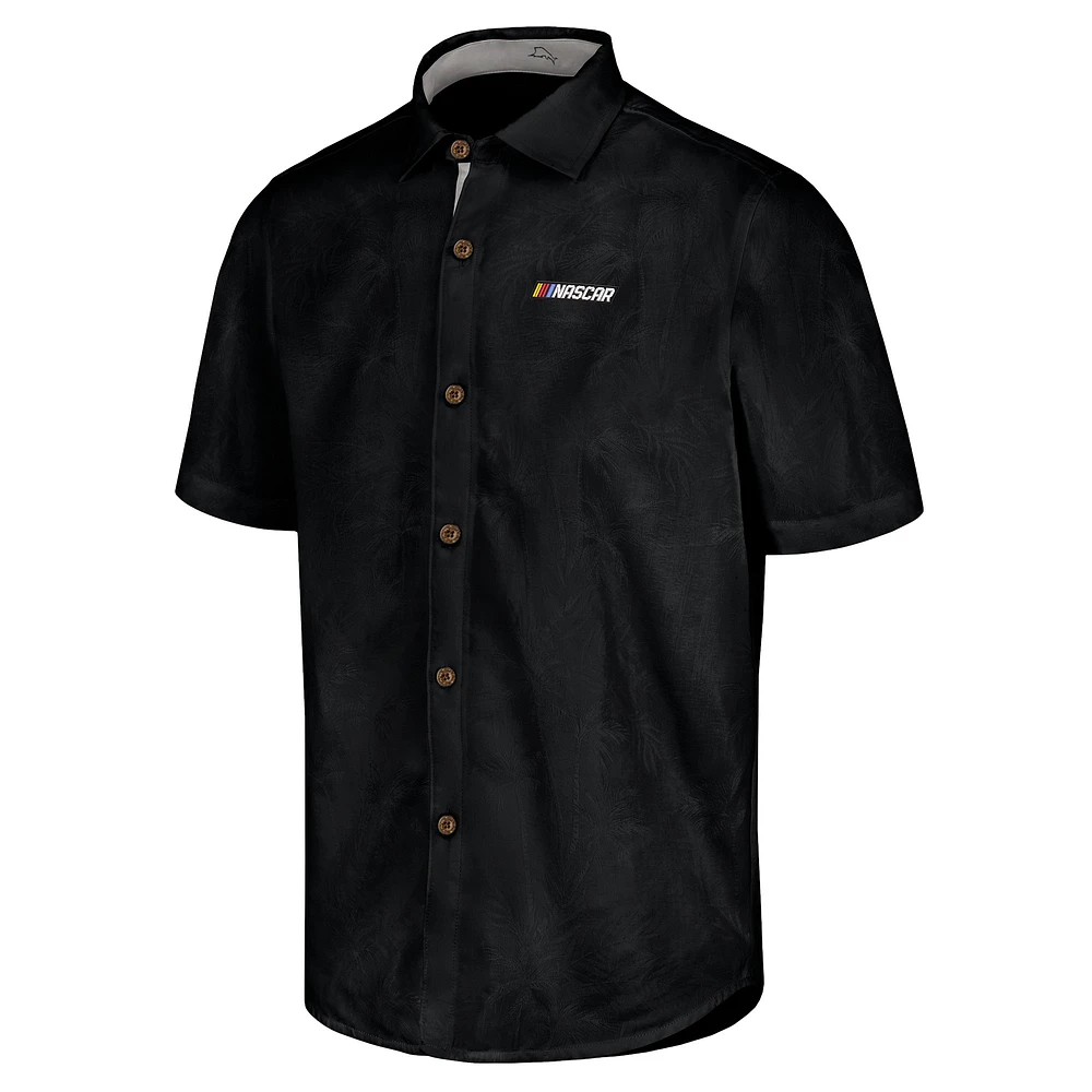 Chemise de camp boutonnée Tommy Bahama noire NASCAR Sport Coconut Point Palm Vista IslandZone pour hommes