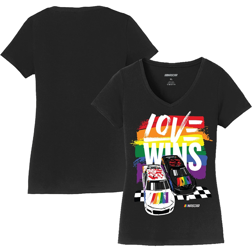 Women's Checkered Flag Sports Black NASCAR Love Wins Pride V-Neck T-Shirt