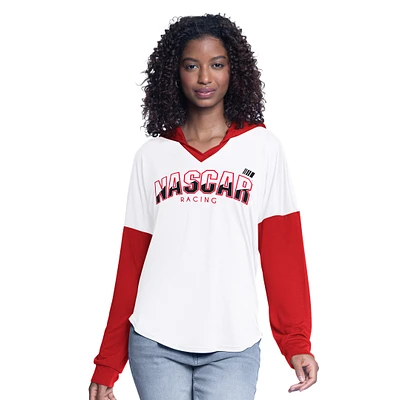 T-shirt à capuche manches longues et col en V pour femme G-III 4Her par Carl Banks blanc/rouge NASCAR Bench Player