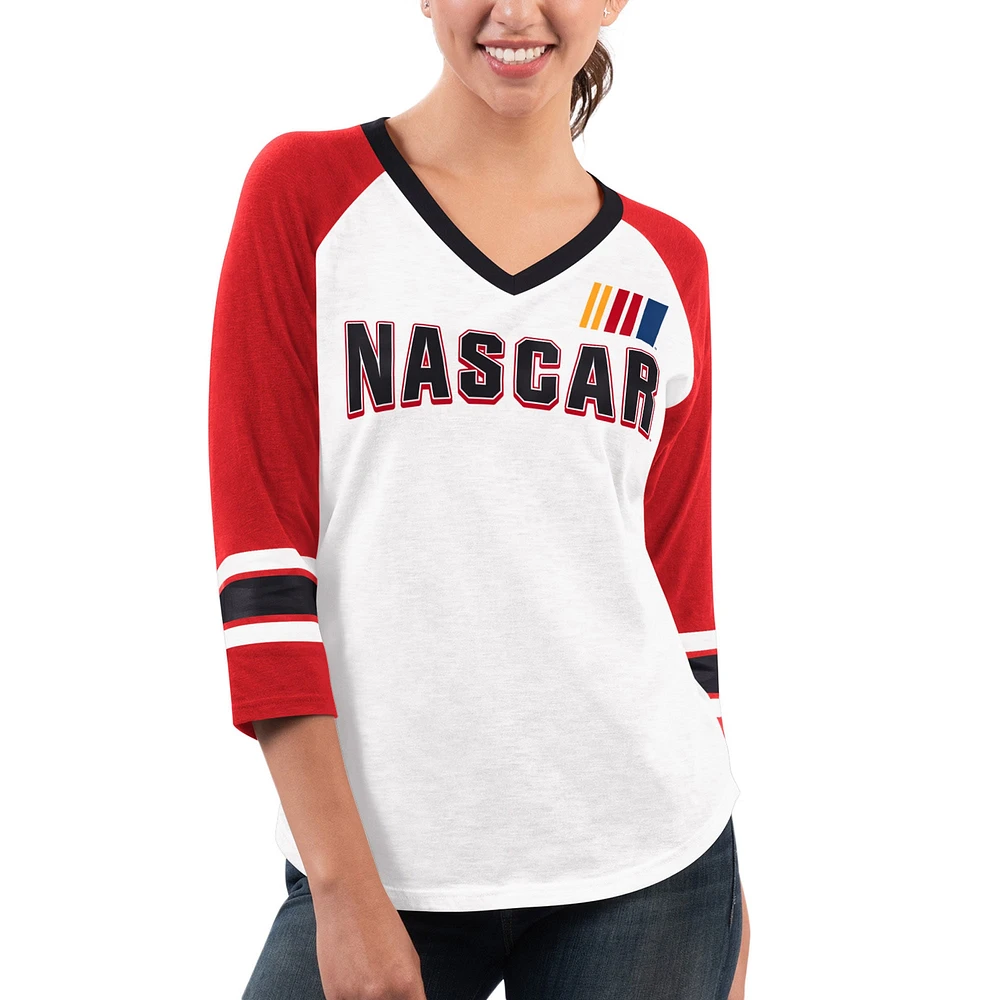 T-shirt à col en V manches 3/4 pour femme G-III 4Her by Carl Banks Blanc/rouge NASCAR Merchandise Top Team