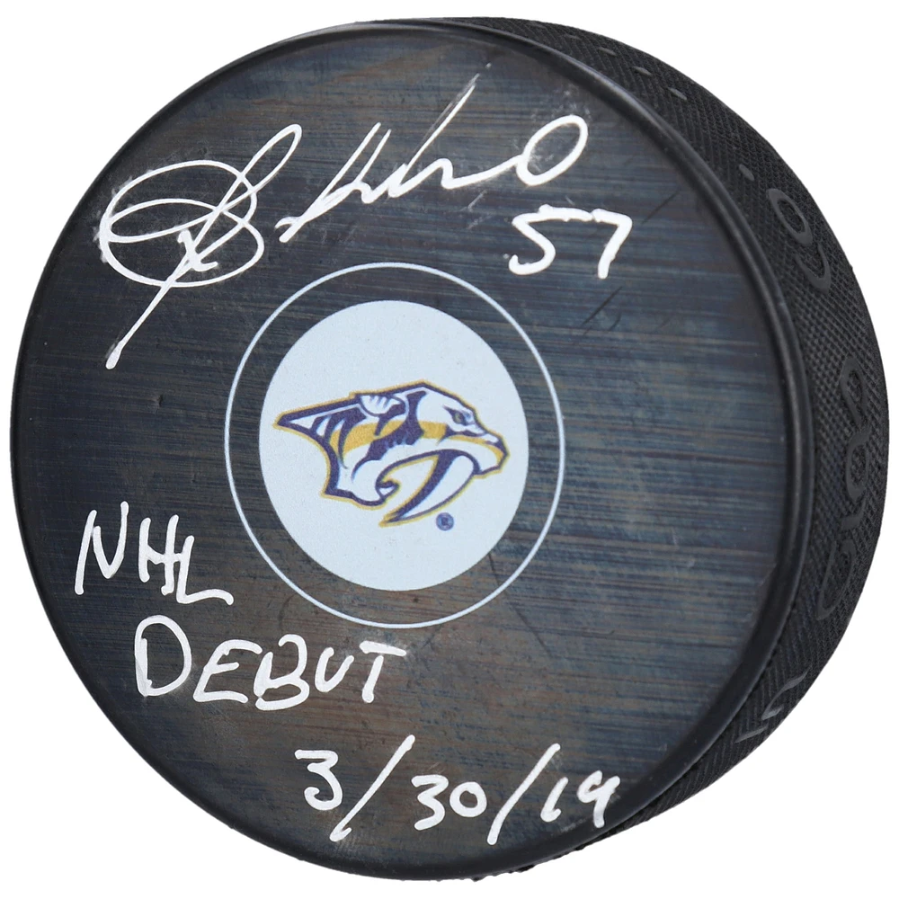 Dante Fabbro Nashville Predators Autographed Hockey Puck with "NHL Debut 3/30/19" Inscription