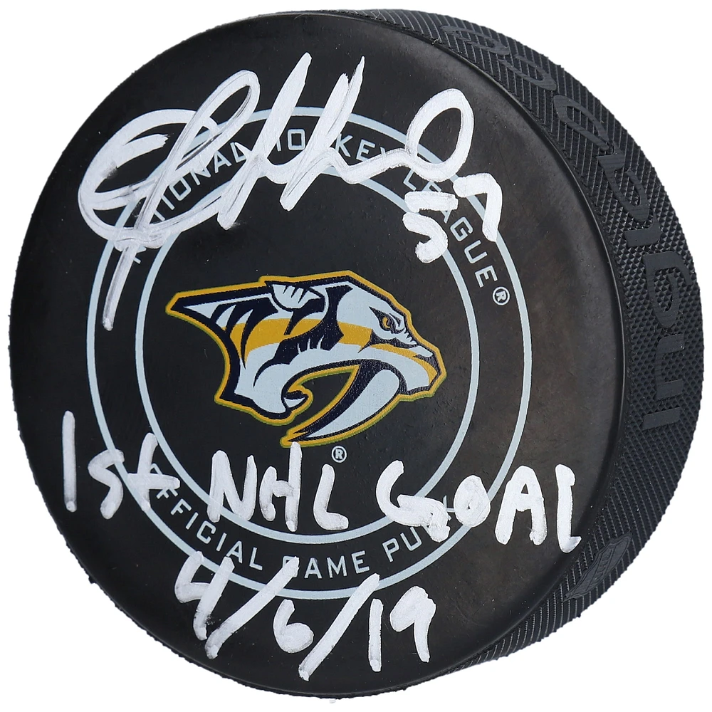 Dante Fabbro Nashville Predators Autographed Official Game Puck with "1st NHL Goal 4/6/19" Inscription