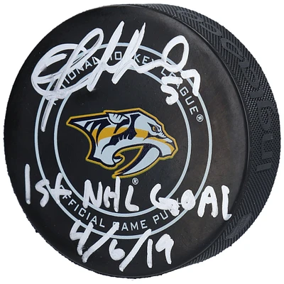 Dante Fabbro Nashville Predators Autographed Official Game Puck with "1st NHL Goal 4/6/19" Inscription