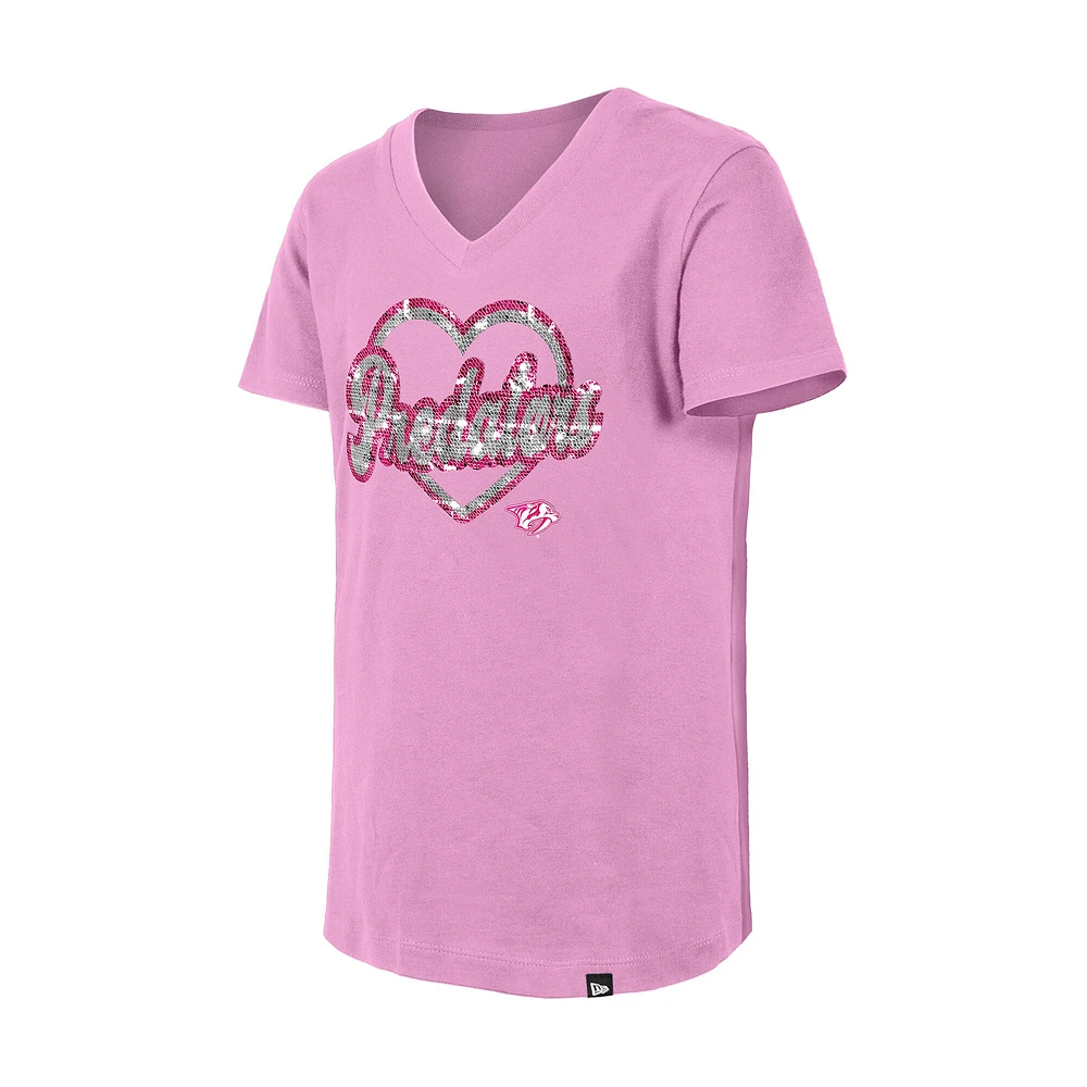 Girl's Youth New Era  Pink Nashville Predators Flip Sequin V-Neck T-Shirt