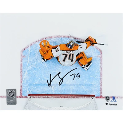 Juuse Saros Nashville Predators Autographed 8" x 10" White Jersey Overhead Making Save Photograph