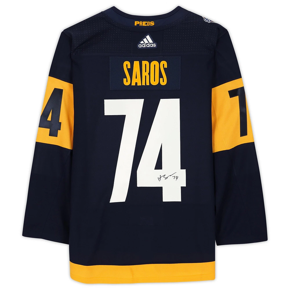 Maillot adidas authentique 2022 Stadium Series dédicacé par Juuse Saros Navy Nashville Predators