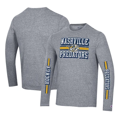 T-shirt à manches longues triple mélange double bande Champion Heather Grey Nashville Predators pour hommes