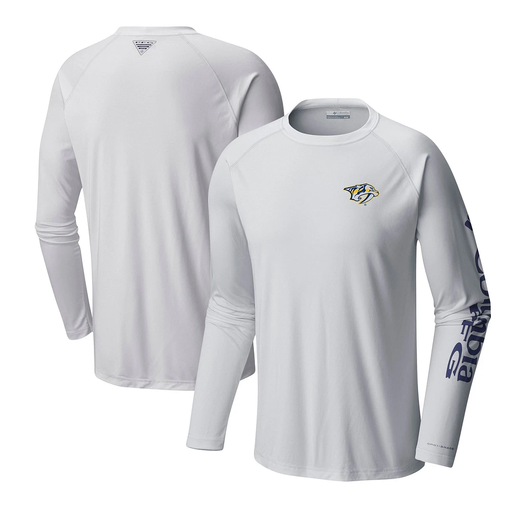 Men's  Columbia White Nashville Predators Terminal Tackle Omni-Shade Raglan Long Sleeve T-Shirt