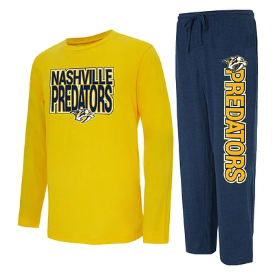 Ensemble de nuit Concepts Sport pour hommes, t-shirt et pantalon à manches longues, bleu marine/or, Nashville Predators Meter