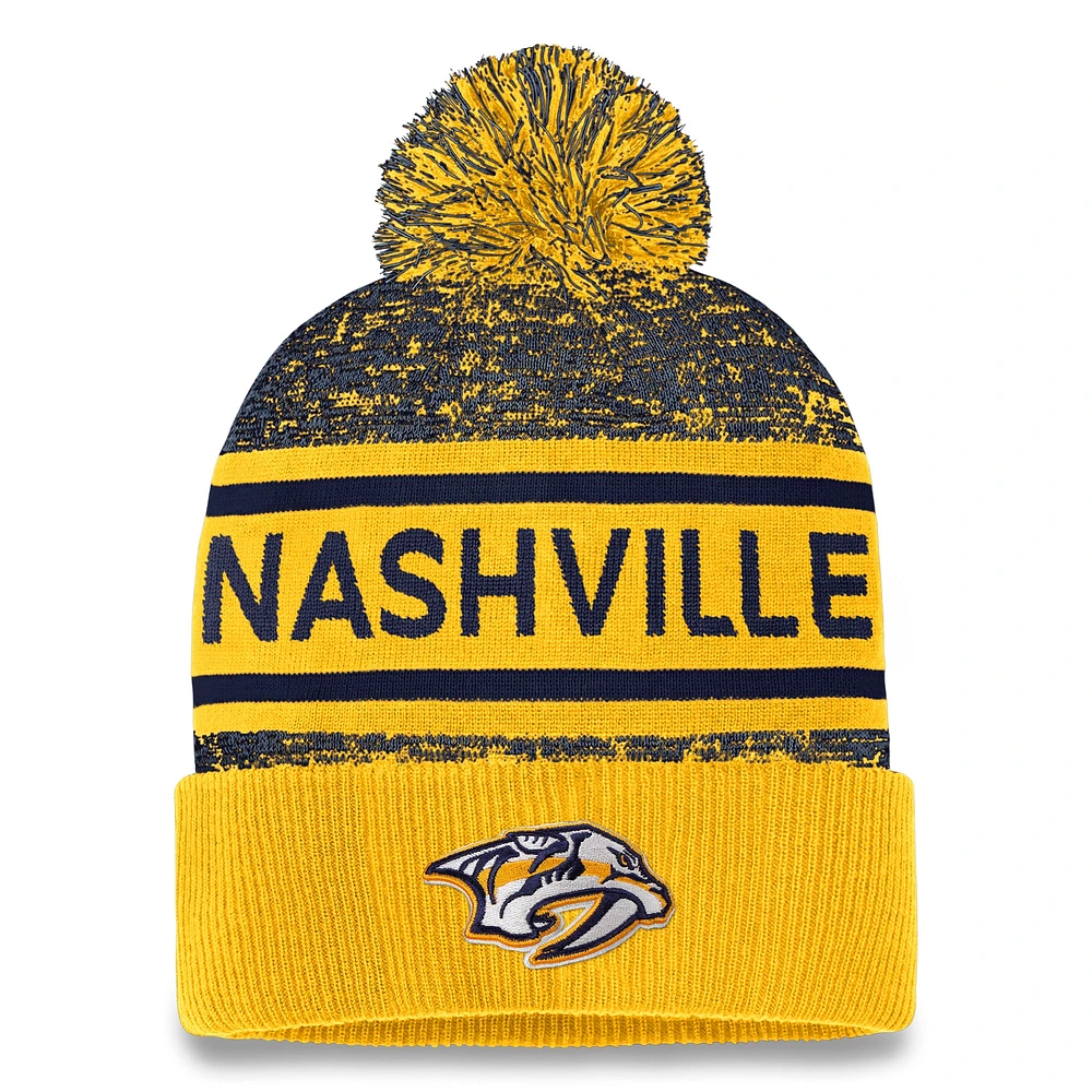 Bonnet en tricot à revers authentique Pro Nashville Predators Fanatics pour hommes, or/bleu marine, avec pompon