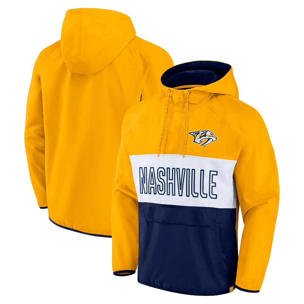 Men's Fanatics Gold/Navy Nashville Predators Backhand Shooter Defender Anorak Raglan Hoodie Quarter-Zip Jacket