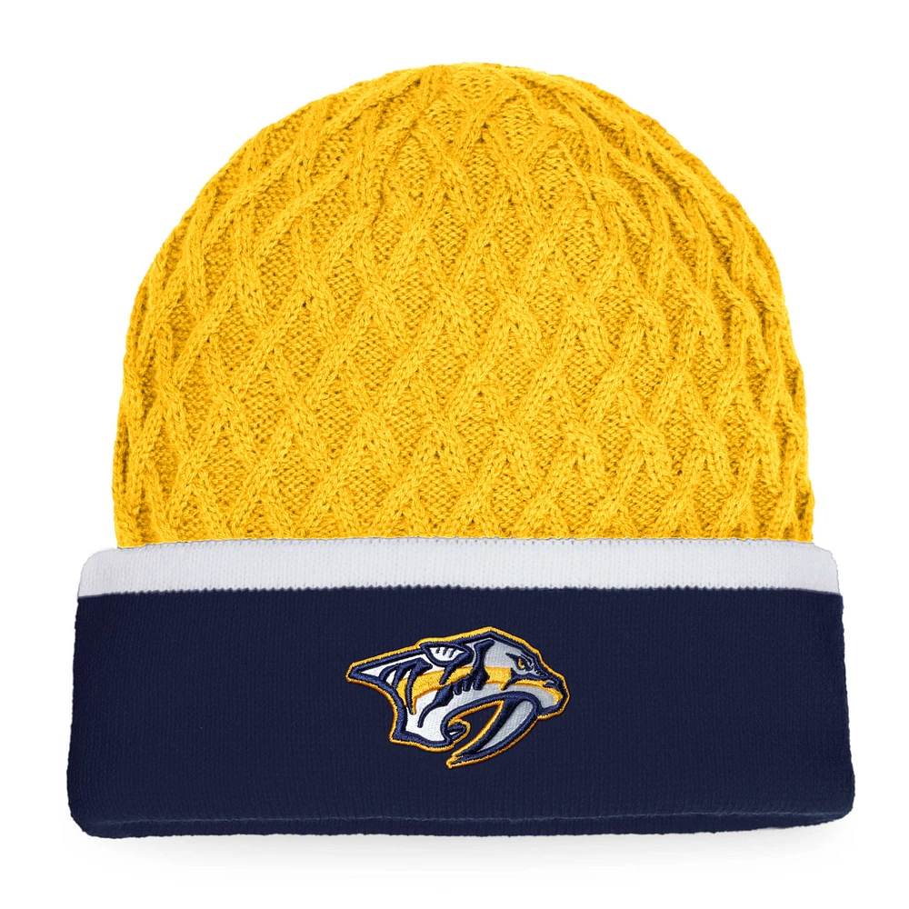 Bonnet en tricot à revers rayé emblématique des Nashville Predators Fanatics pour hommes, or/bleu marine