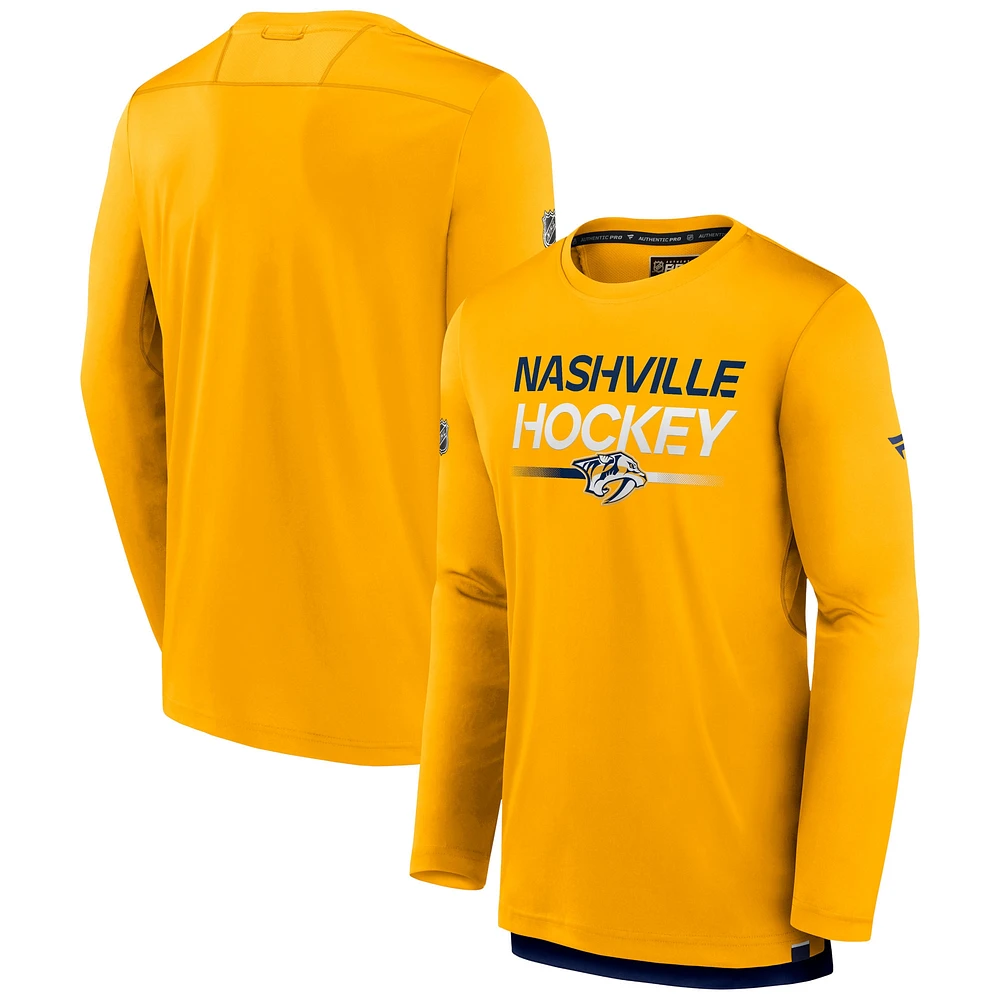 T-shirt à manches longues Authentic Pro des Predators de Nashville dorés marque Fanatics pour hommes