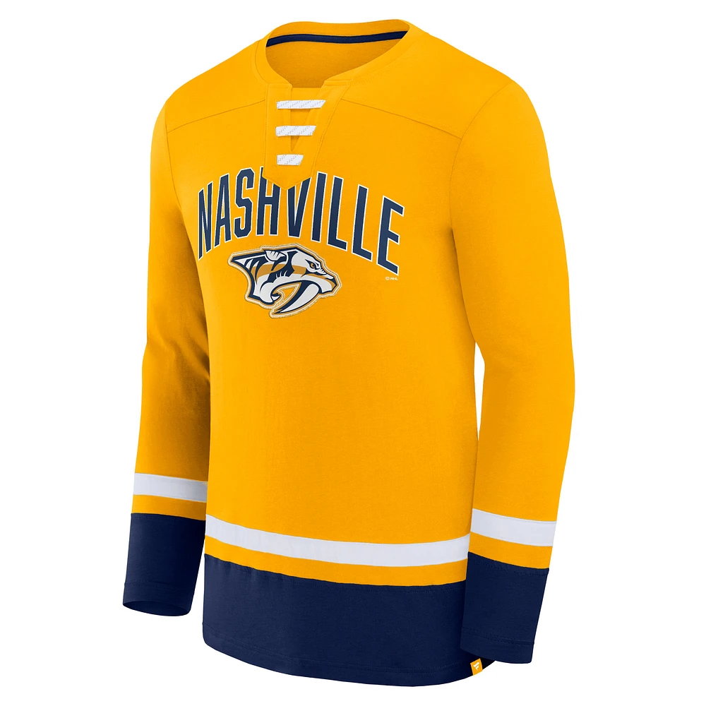 T-shirt à manches longues lacets Fanatics Gold Nashville Predators Back Pass pour hommes