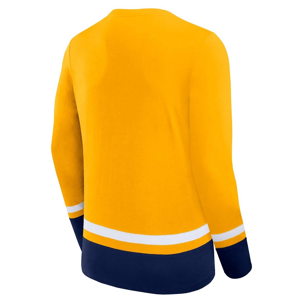 T-shirt à manches longues lacets Fanatics Gold Nashville Predators Back Pass pour hommes