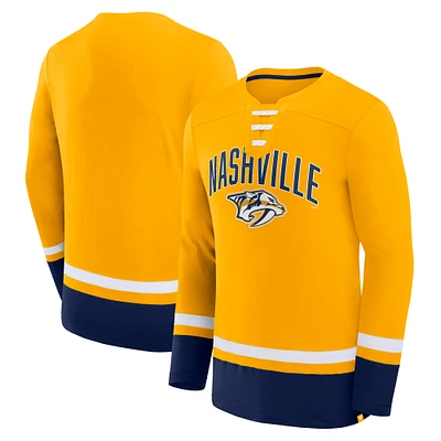 T-shirt à manches longues lacets Fanatics Gold Nashville Predators Back Pass pour hommes