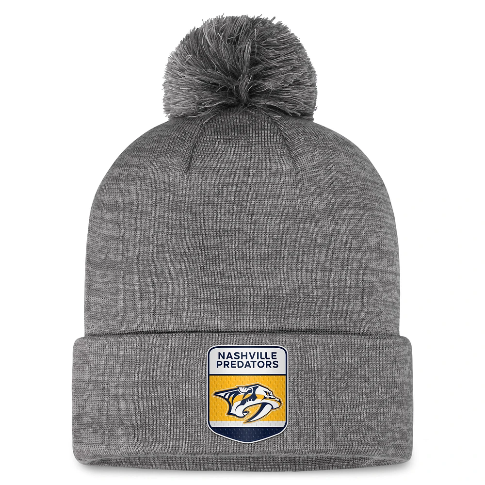 Bonnet en tricot à revers de glace authentique Pro Home Fanatics pour hommes, gris, Nashville Predators, avec pompon