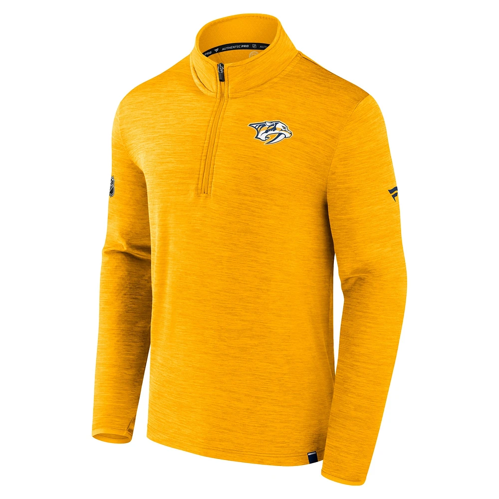 Men's Fanatics Heather Gold Nashville Predators Authentic Pro Quarter-Zip Top