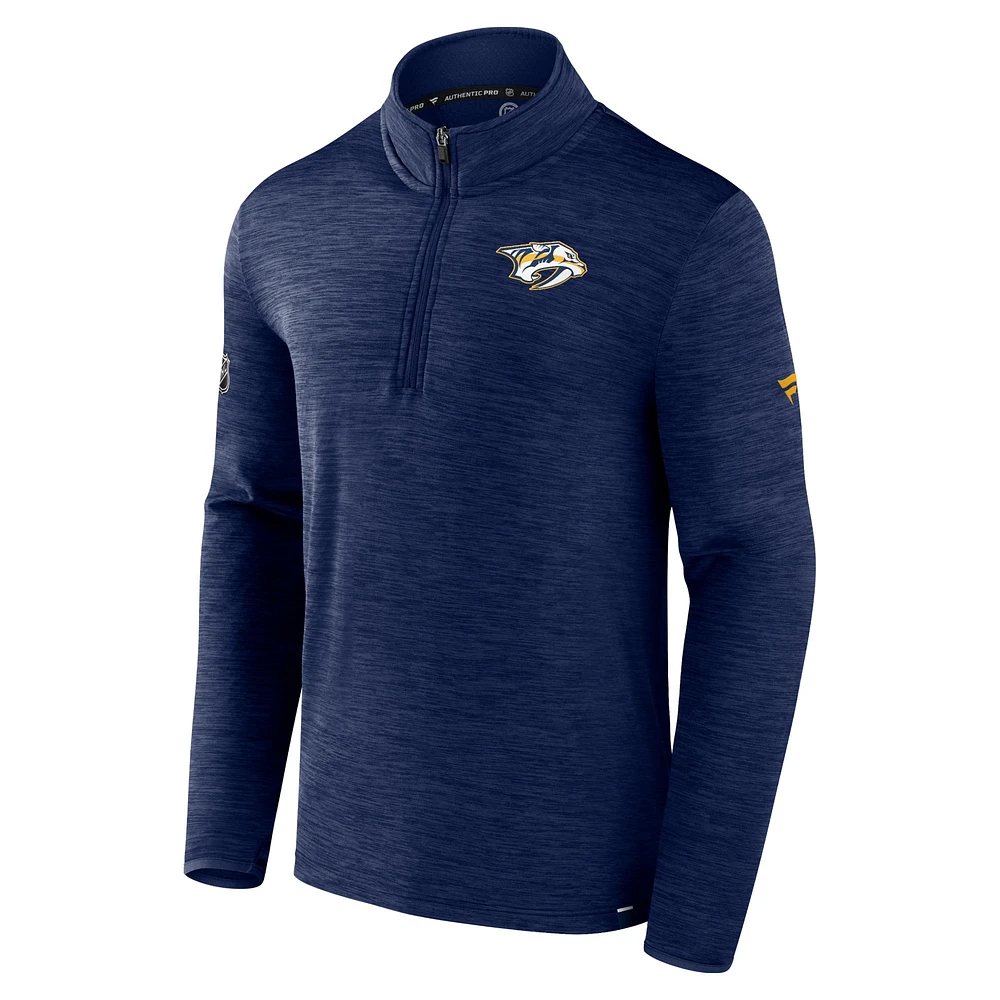 Men's Fanatics  Heather Navy Nashville Predators Authentic Pro Quarter-Zip Pullover Top