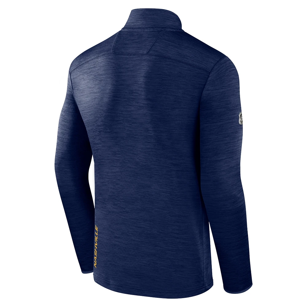 Men's Fanatics  Heather Navy Nashville Predators Authentic Pro Quarter-Zip Pullover Top