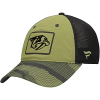 Casquette ajustable de camionneur d'appréciation militaire pour hommes Fanatics Olive Nashville Predators