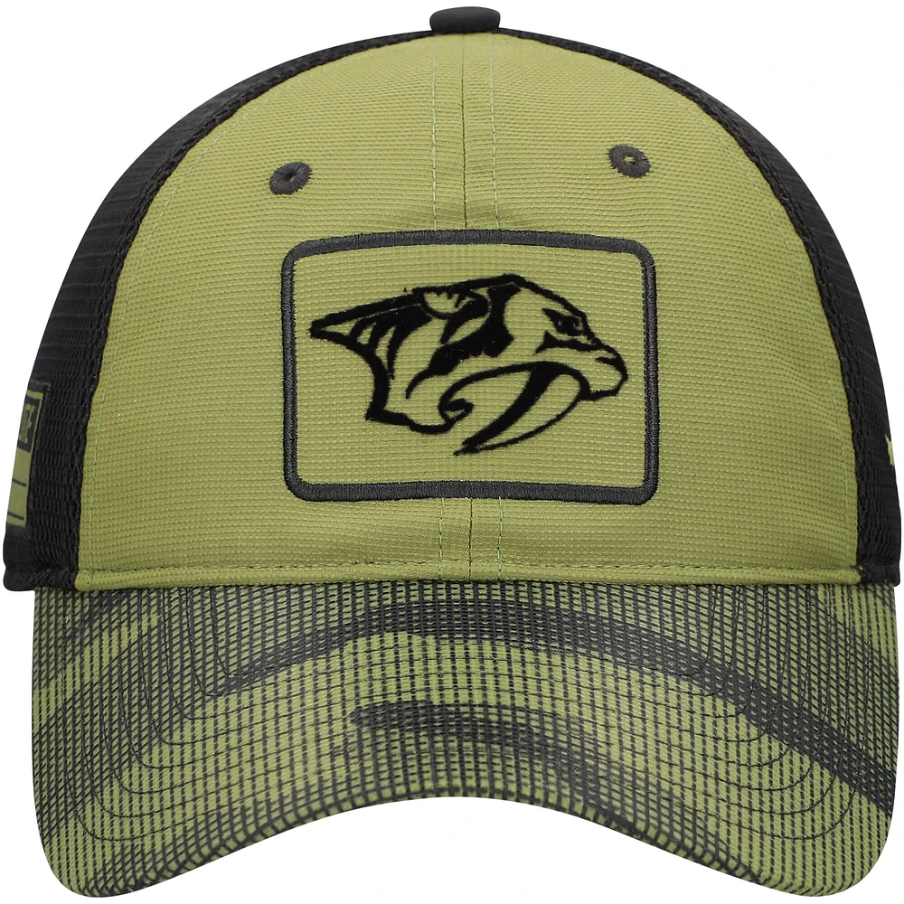 Casquette ajustable de camionneur d'appréciation militaire pour hommes Fanatics Olive Nashville Predators