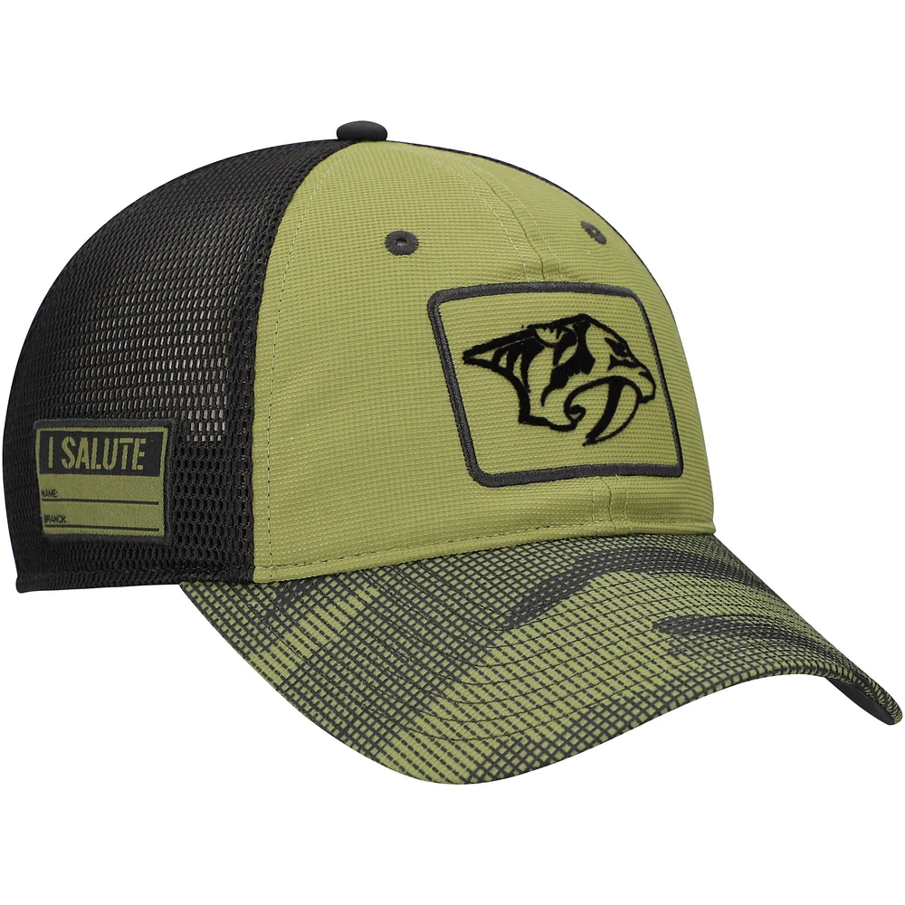 Casquette ajustable de camionneur d'appréciation militaire pour hommes Fanatics Olive Nashville Predators