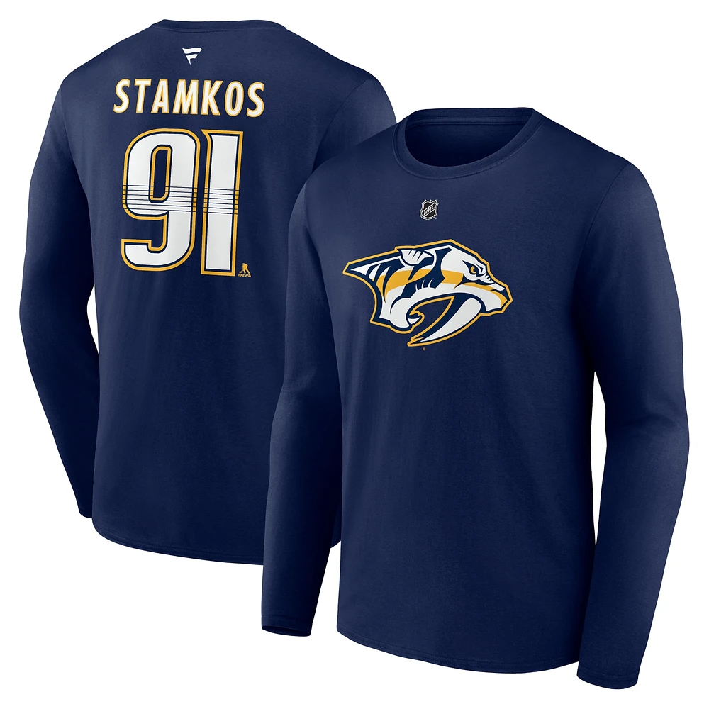 T-shirt à manches longues pour homme Fanatics Steven Stamkos bleu marine Nashville Predators Authentic Stack Name & Number