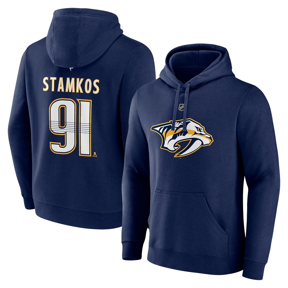 Sweat à capuche tri-blend authentique avec nom et numéro Stack pour hommes Fanatics Steven Stamkos bleu marine Nashville Predators