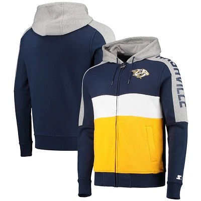 Men's Starter Navy/Gold Nashville Predators Playoffs Color Block Full-Zip Hoodie