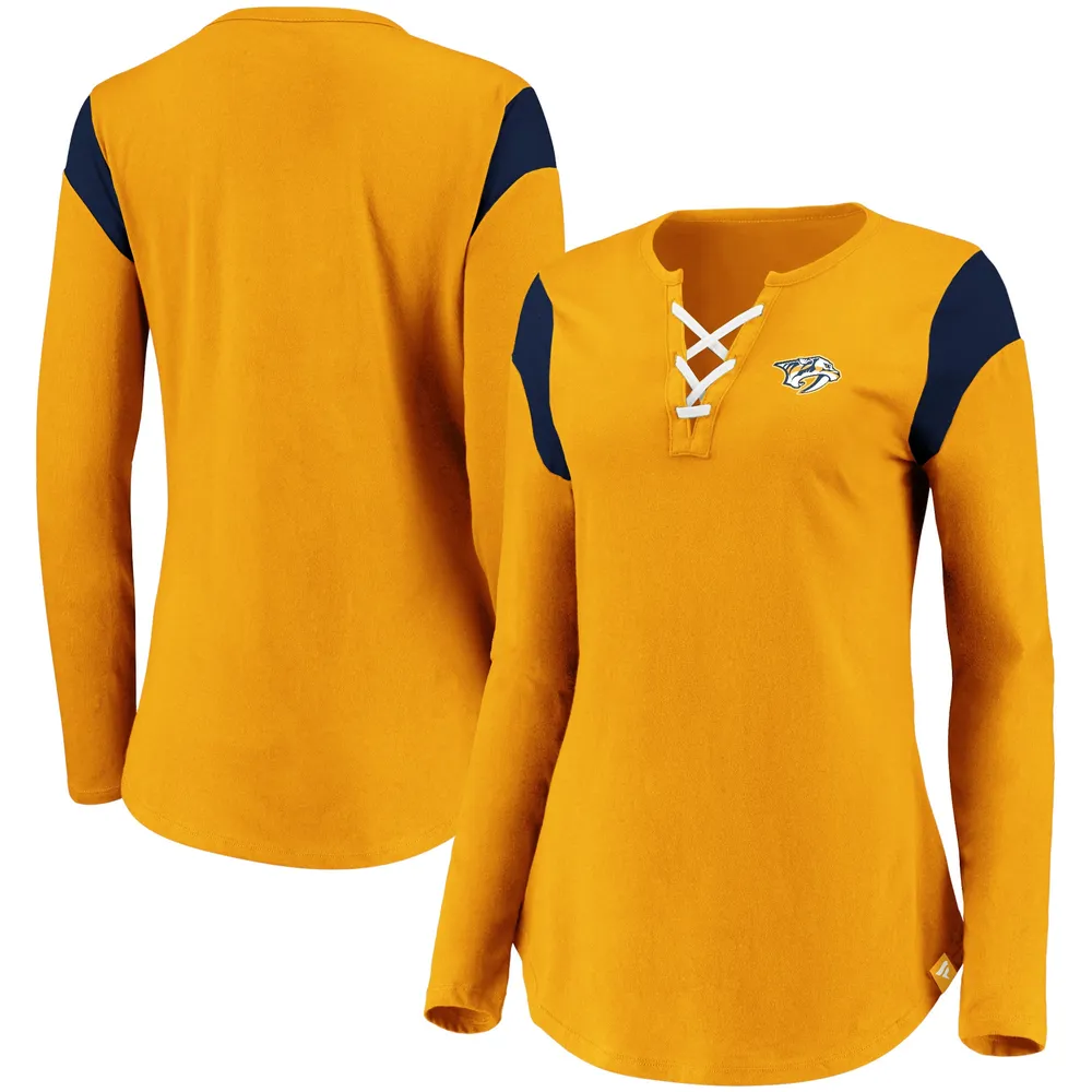 Women's Fanatics Branded Gold Nashville Predators Spirit Lace-Up V-Neck  Long Sleeve Jersey T-Shirt