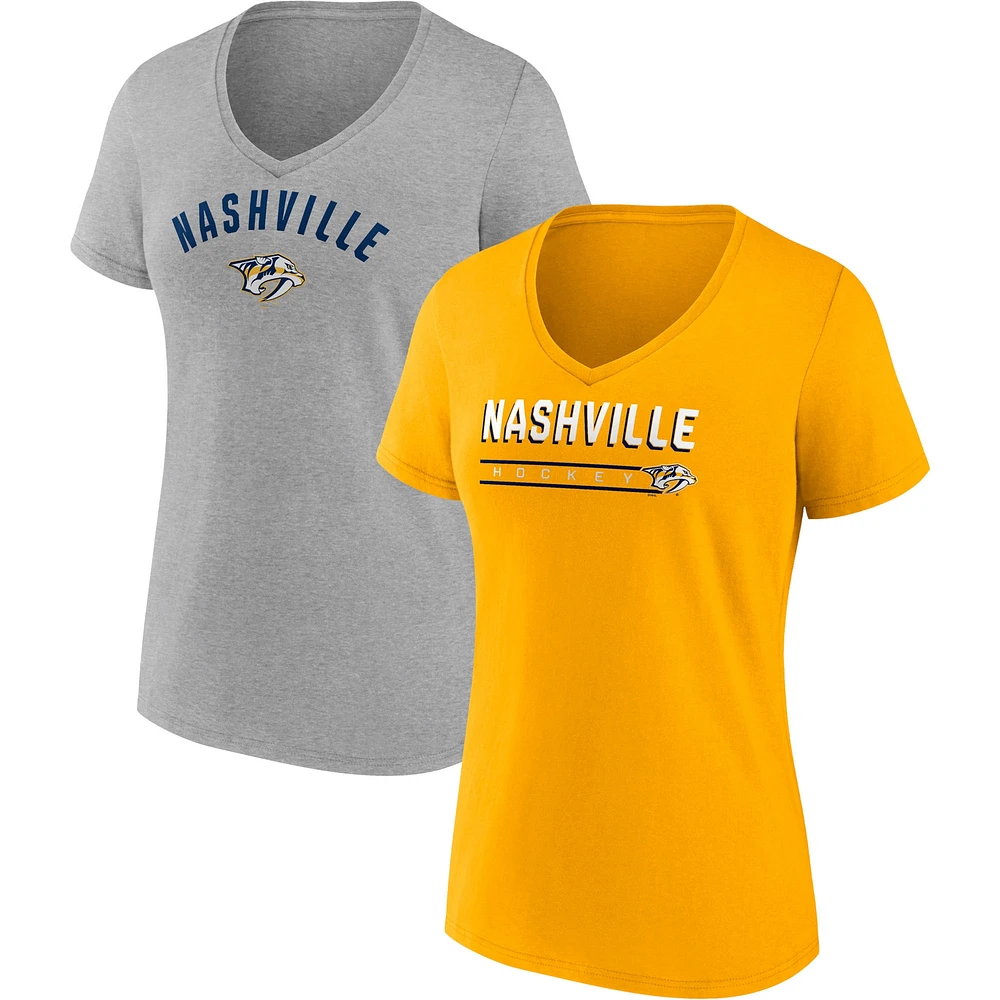 Women's Fanatics Gold/Heathered Gray Nashville Predators 2-Pack V-Neck T-Shirt Set