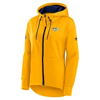 Sweat à capuche entièrement zippé or Nashville Predators Authentic Pro Rink de marque Fanatics pour femmes