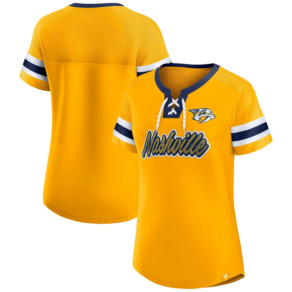 T-shirt à lacets emblématique Athena des Nashville Predators Fanatics Gold pour femmes