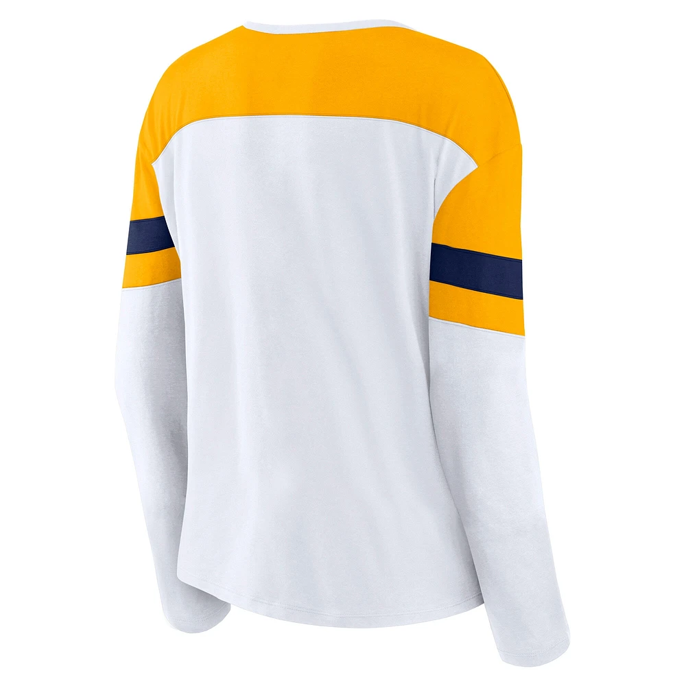 T-shirt à manches longues et col cranté pour femme Fanatics Nashville Predators Frozen blanc/or