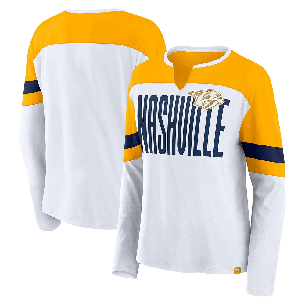 T-shirt à manches longues et col cranté pour femme Fanatics Nashville Predators Frozen blanc/or