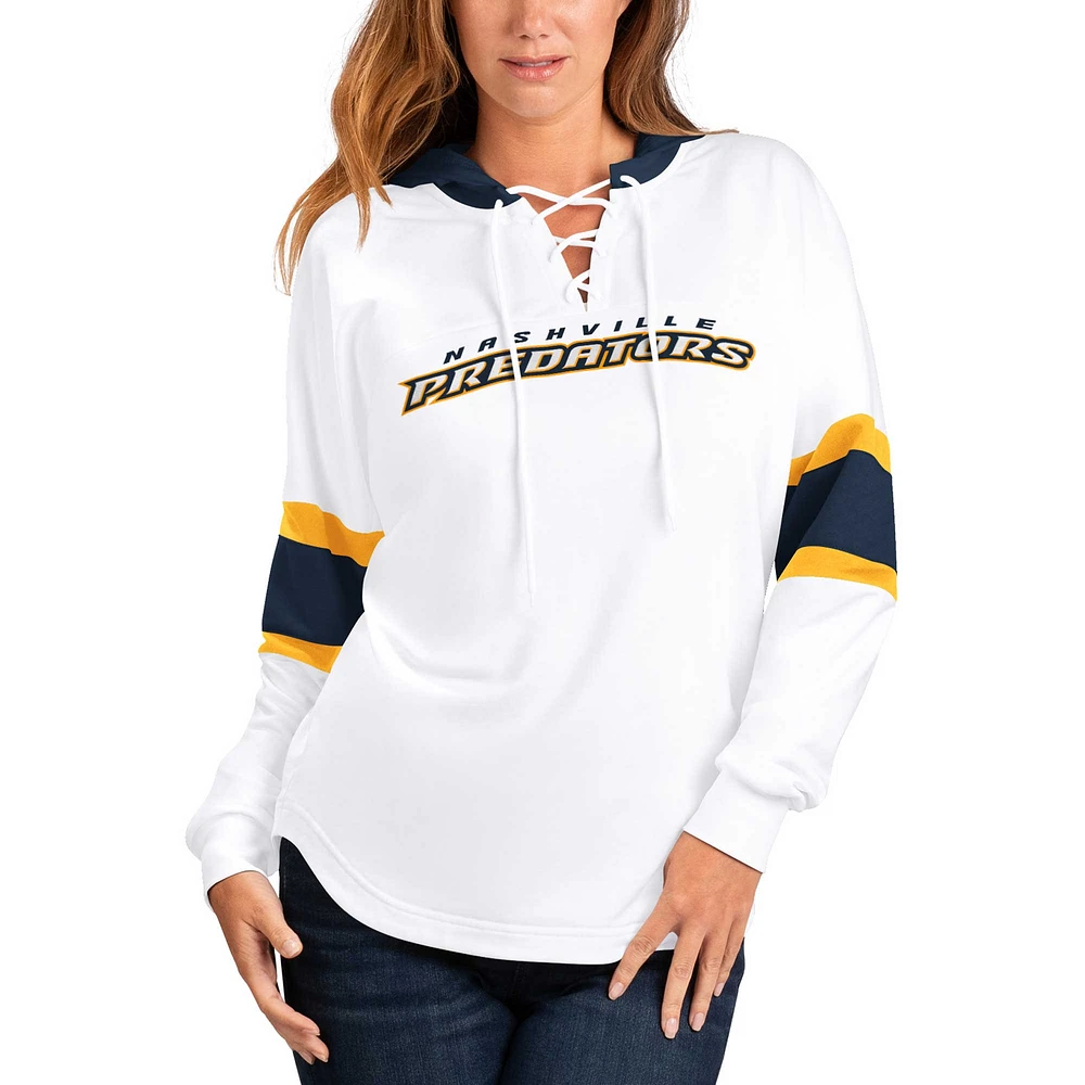 T-shirt à capuche manches longues et lacets G-III 4Her par Carl Banks pour femmes, blanc/bleu marine, Nashville Predators Goal Zone