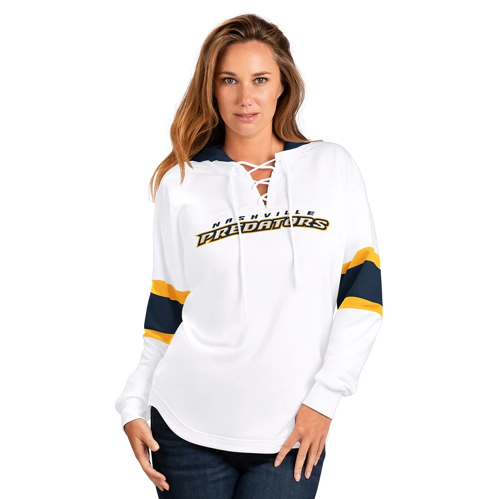 Women's G-III 4Her by Carl Banks White/Navy Nashville Predators Goal Zone Long Sleeve Lace-Up Hoodie T-Shirt