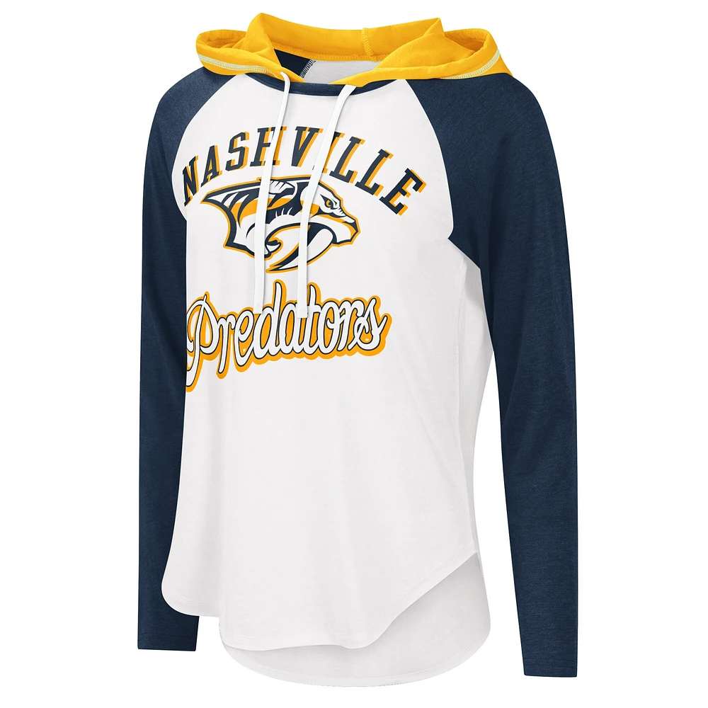 Women's G-III Sports by Carl Banks White/Heather Navy Nashville Predators MVP Raglan Lightweight Hooded T-Shirt