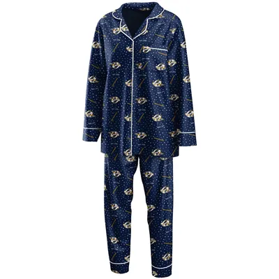 Nashville Predators WEAR by Erin Andrews Women's Long Sleeve Button-Up Shirt & Pants Sleep Set - Navy