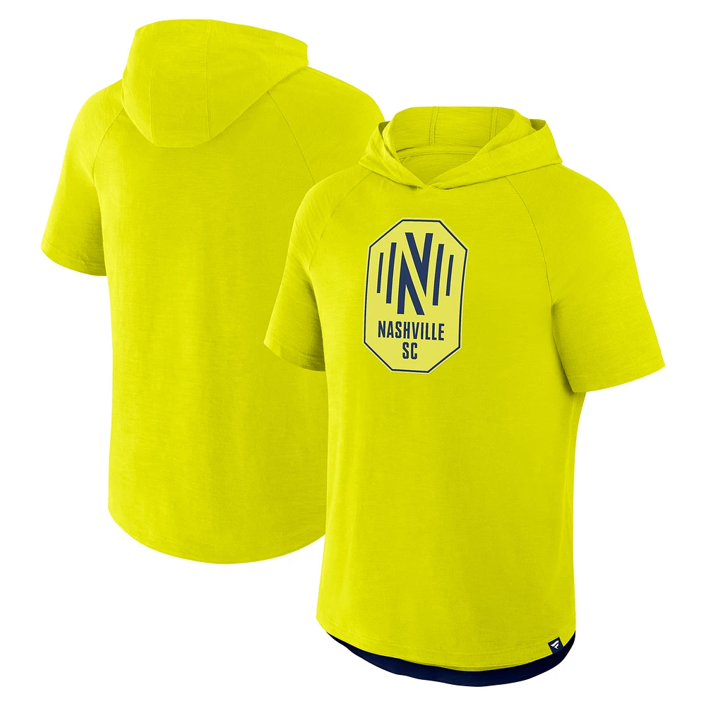 Men's Fanatics Yellow Nashville SC Hat Trick Stadium Slub Raglan Short Sleeve Pullover Hoodie