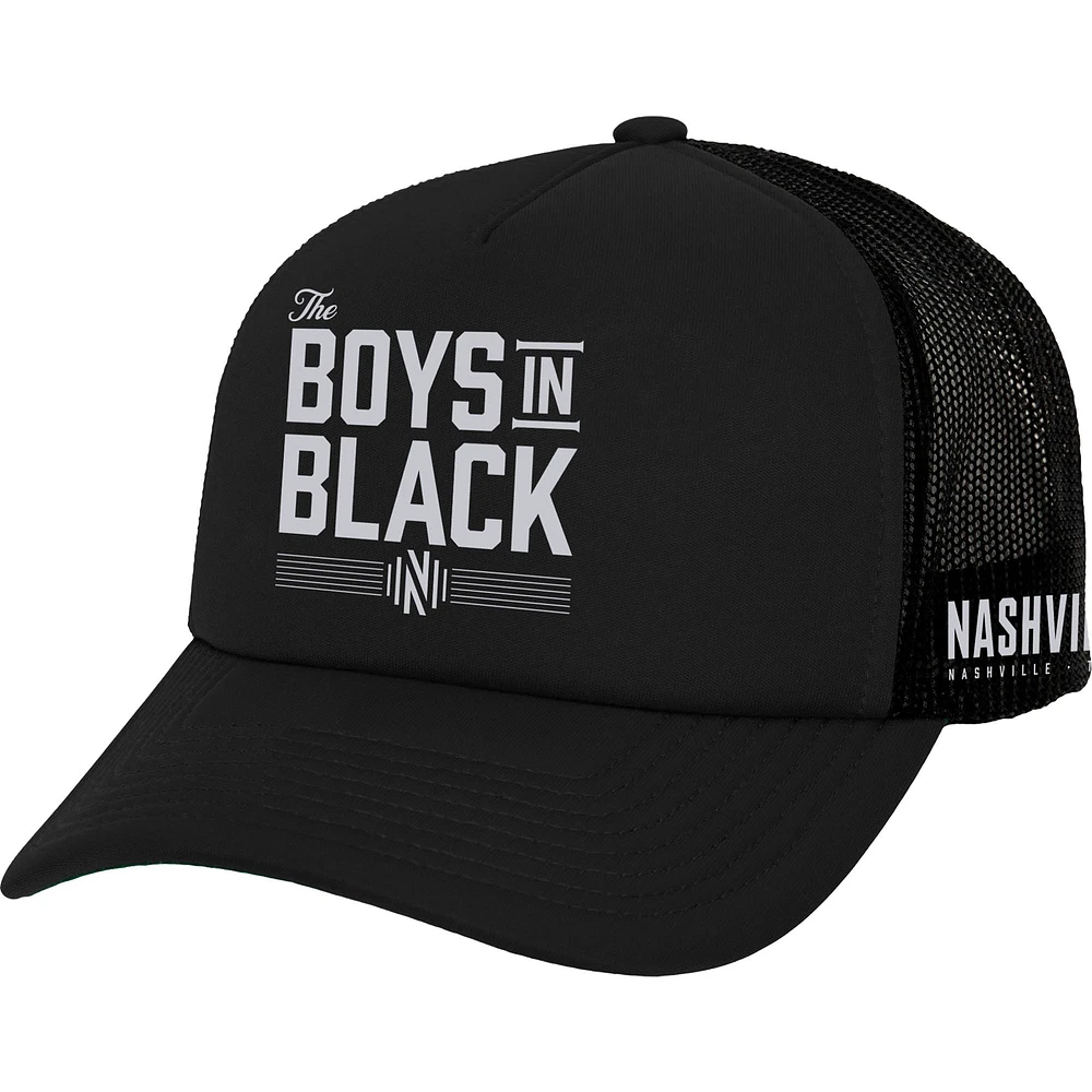 Casquette de camionneur noire Mitchell & Ness Nashville SC x Johnny Cash Boys In Black pour homme